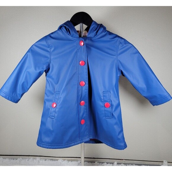 Hatley Kids Rain Jacket 3T Blue Hooded Waterproof Coat Striped Lining - Picture 1 of 6